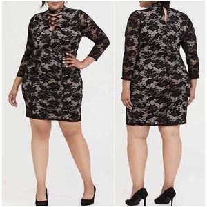 Torrid Black Lace Mock Neck Sheath Dress Plus 3/4 Sleeve Stretch Size 2X
